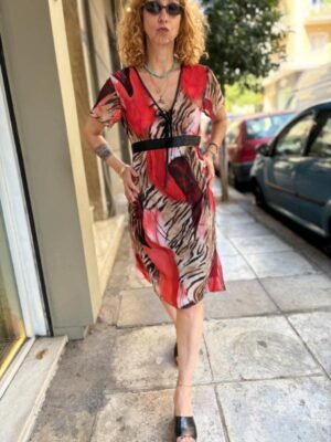 Alternative view of y2k printed dress with deep V neck