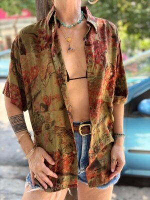 vintage unisex viscose chaki patterned shirt - Image 3