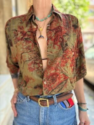 vintage unisex viscose chaki patterned shirt