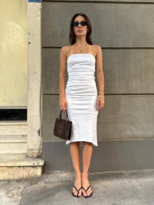 y2k Danoff asymmetrical strapless stretch midi dress with back lace