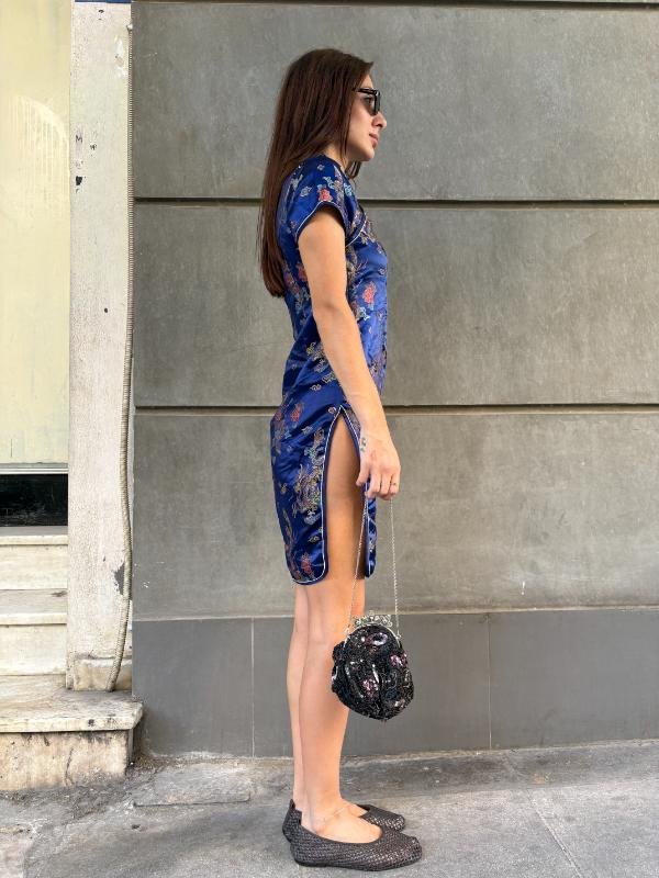 vintage 100% silk midnight blue quipao dress - Image 3