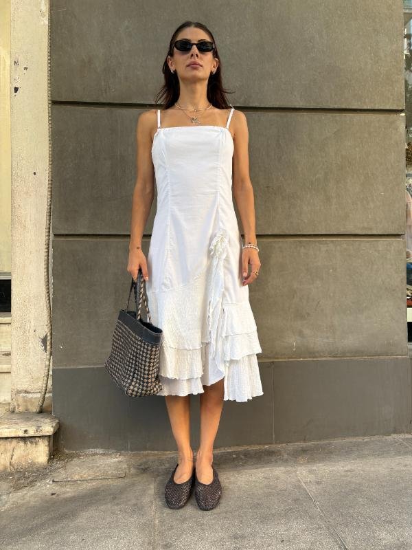y2k Enzzo white cotton frilled dress with front slit