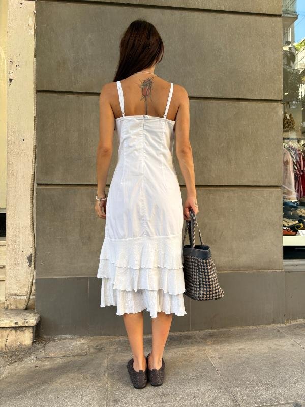 y2k Enzzo white cotton frilled dress with front slit - Image 2
