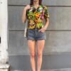 vintage unique colorful abstract patterned top with fitted waist and puff shoulders