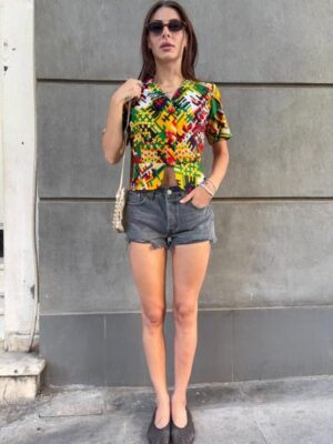 vintage unique colorful abstract patterned top with fitted waist and puff shoulders