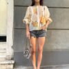 vintage floral sheer top with puff sleeves