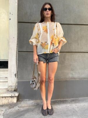 vintage floral sheer top with puff sleeves