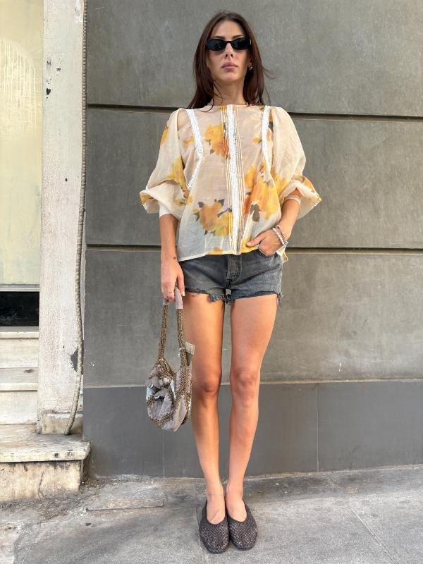 vintage floral sheer top with puff sleeves