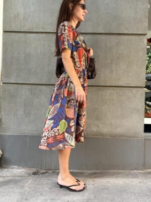 vintage silk patterned dress with elastic waist - Image 4