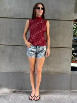 y2k red sparkling turtle neck top - Image 3