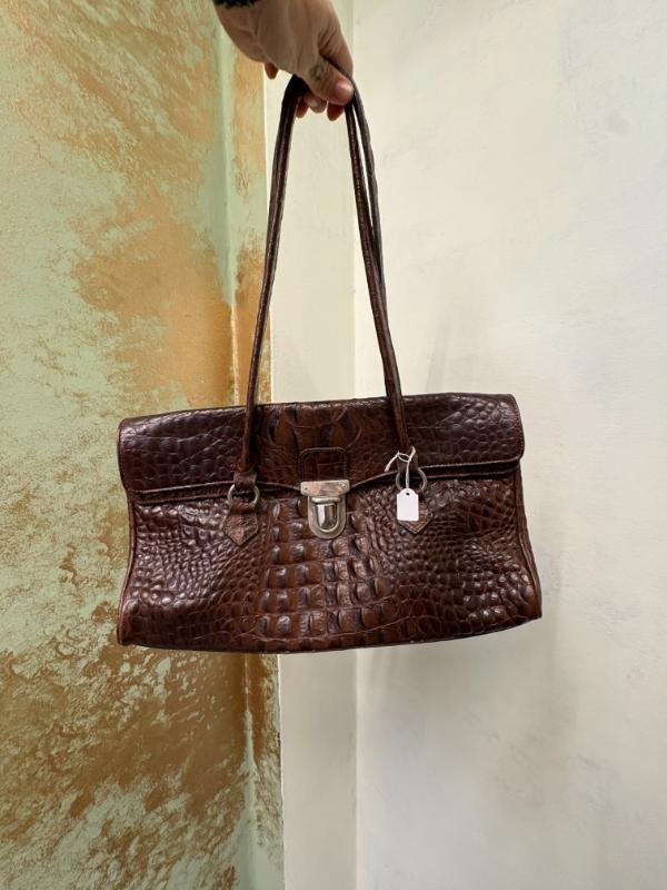 vintage leather dark brown croco shoulder bag