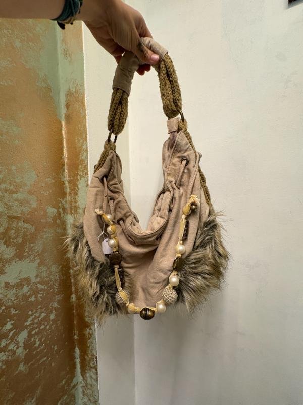 vintage faux suede shoulder bag with faux fur and bead details