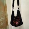 y2k black corduroy shoulder bag with cute floral stitching