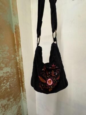 y2k black corduroy shoulder bag with cute floral stitching