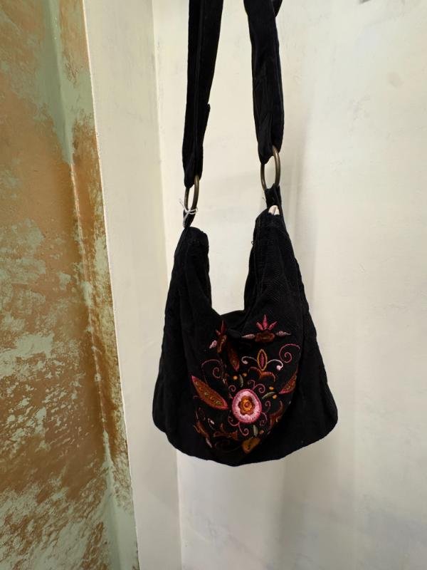 y2k black corduroy shoulder bag with cute floral stitching
