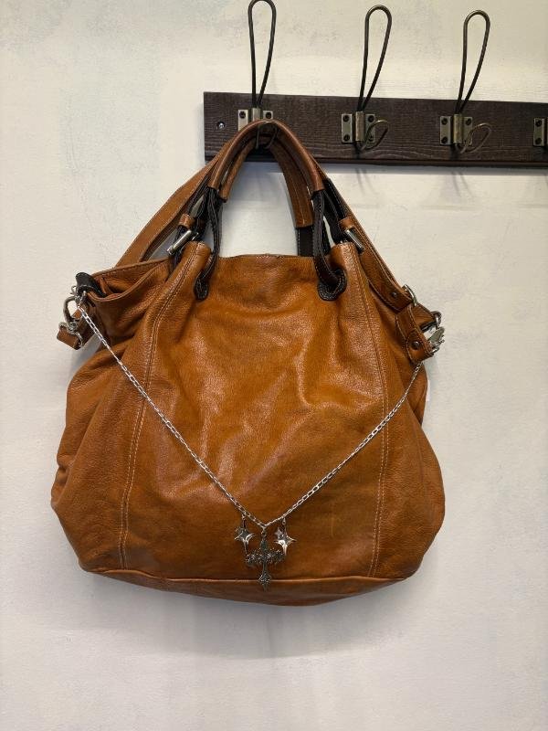 y2k real leather medium brown shoulder bag with decorative chain